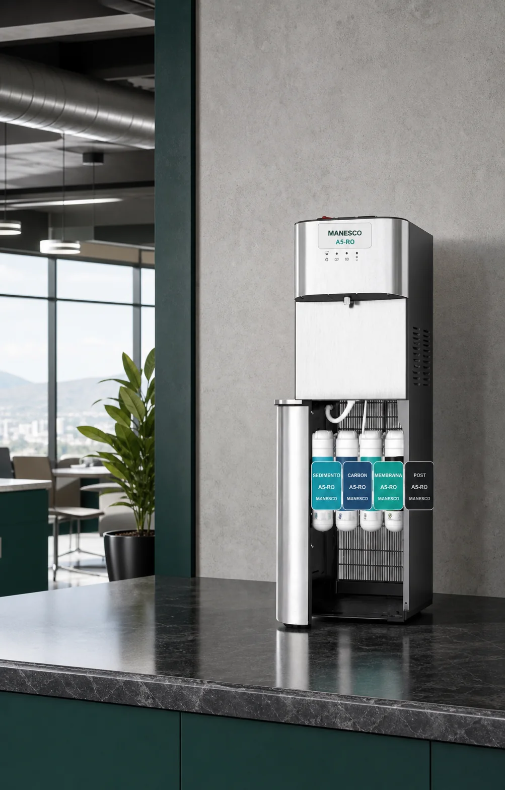 Ficha tecnica Manesco A5-RO sin garrafon con osmosis inversa.